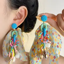 カラフルドットデザインのシフォンリボンピアス【ロングシェルフリンジ・女性用】