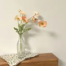 柔らかなサンゴ色のポピー風造花とガラス花瓶【インテリア飾り用】