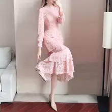 エレガントなレースドレス【ロング丈・ウエストシェイプ・秋用】