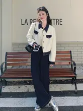 チックな女性用秋季新作デニムジャケットとワイドパンツのコーディネート（セットアップ対応）