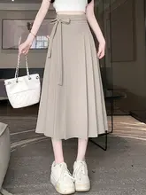 高腰リボン付きプリーツスカート【女性用・ミディ丈・Aライン・エレガント】（セットアップ対応）