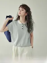 AMUU オリジナル カラーブロックデザイン レディース半袖ニットトップス【夏用・フロントボタン・フィット】