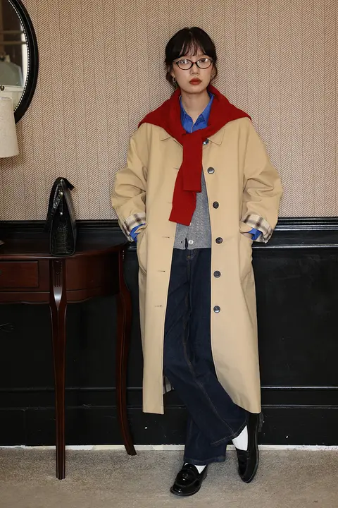 ロングカラーコート 女性 デザイン感 両面着用 カーキ色 クールな雰囲気
