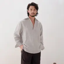 リネン素材のフィット半開襟シャツ【メンズ・ルーズシルエット】