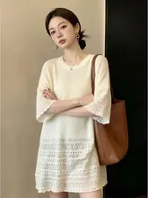 夏用の透け感のあるニットTシャツ【大きいサイズ・ゆったり・通気性・中長丈・スリム効果】（セットアップ対応）
