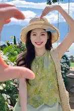 デザイン性のある夏用メンズライクルーズトップス【無袖・グリーン・大きいサイズ・華やかさ】（セットアップ対応）