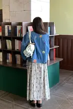 復古刺繍デニムジャケット【ブルー・秋向け・ゆったりしたフィット・襟付き】