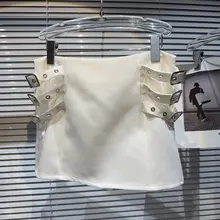 金属カギ付きデザインの重工ショートスカート【Aライン・女性用・クールスタイル】（セットアップ対応）