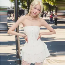 美しい刺繍が施されたダブルレイヤーのチューブトップドレス【シルエットを整えるデザイン】