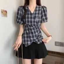 極上の柔らかさのチェック柄 半袖シャツ【女性用・ウエストシェイプデザイン】（セットアップ対応）