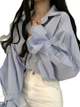 ストライプロングスリーブブラウス【フレアスリーブ・春用・ゆったりフィット・女性用】
