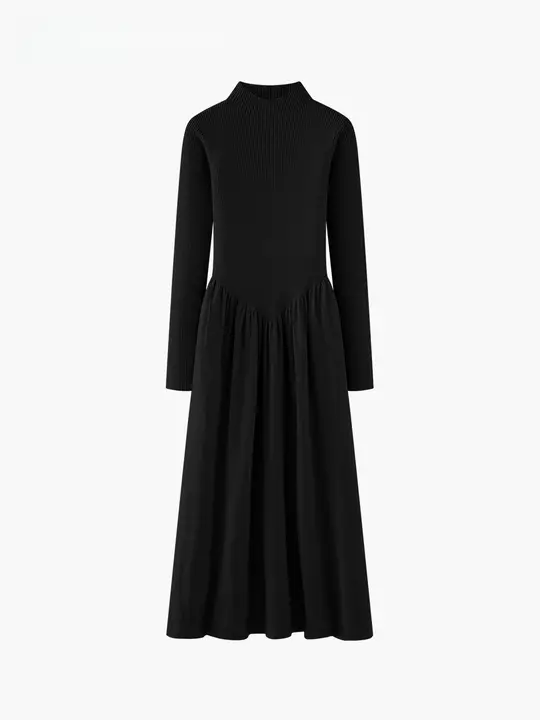 黒のハイネックニットワンピース【女性用・膝下丈・スリムデザイン・ガーター編み】