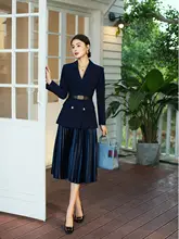 高級感あるネイビーのジャケットとプリーツスカート【女子向け・気質ファッション】（セットアップ対応）