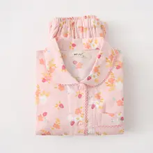 春夏用 薄手の女性用ロングスリーブパジャマ【綿100%・小さな花柄・スタンドカラー・ホームウェア】