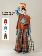 ニットベスト レディース クルーネック 女の子モチーフ オレンジ ヴィンテージ ルーズ 着回し 秋
