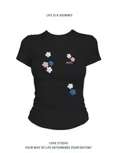 半袖Tシャツ レディース 韓流 オリジナルデザイン ギャル フィット 着痩せ クロップド ウエストマーク 春夏 トップス 「M77」