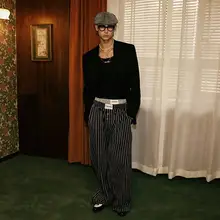 アメリカンストライプのカジュアルパンツ【女性用・ストレート・ワイドレッグ・デザイン性あり】