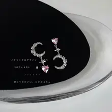 ジルコニア付きアシンメトリーモチーフピアス【月とハートデザイン・925銀製・女性用】