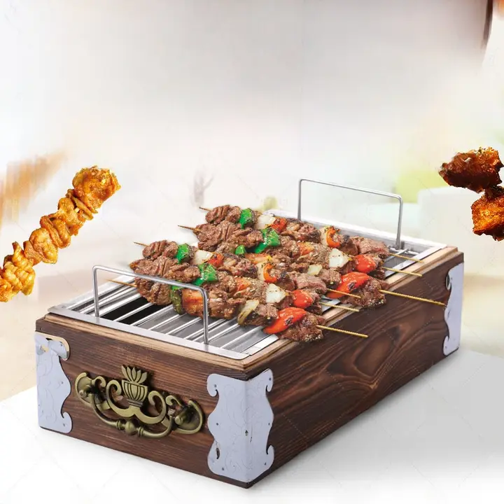 無煙熱串炉 木製ボックス付き保温焼き肉グリル【家庭用・バーベキュー対応】