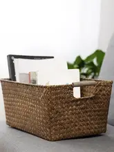 大容量草編整理バスケット【デスクトップ収納用・自然素材・ウェッジウッドデザイン】