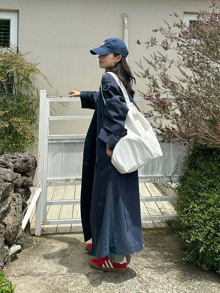 レディース 長袖トレンチコート【ダブルボタン・ロング丈・膝下・紺色】