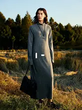 秋冬用 高級羊毛極簡ロングニットワンピース【ハイネック・スリット袖口・ラウンドネック】