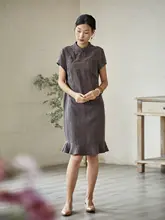 原桑蚕丝使用の亀甲模様シフォンフリル改良型チーパオ【夏用・女性用・エレガントデザイン】（セットアップ対応）