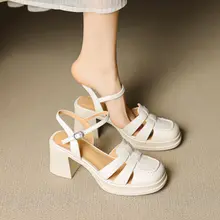 白色の太めヒールマリジェーンサンダル【編みデザイン・真皮・夏用】