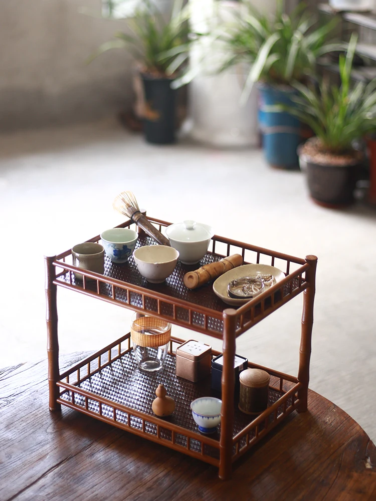竹製茶具収納ラック：紫竹のテーブル棚が茶室で実現する収納効率と美しさ