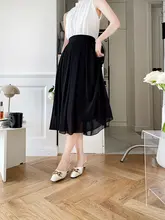 高腰シフォンプリーツスカート【夏用・白・ミディ丈・やわらかデザイン・小柄向け】