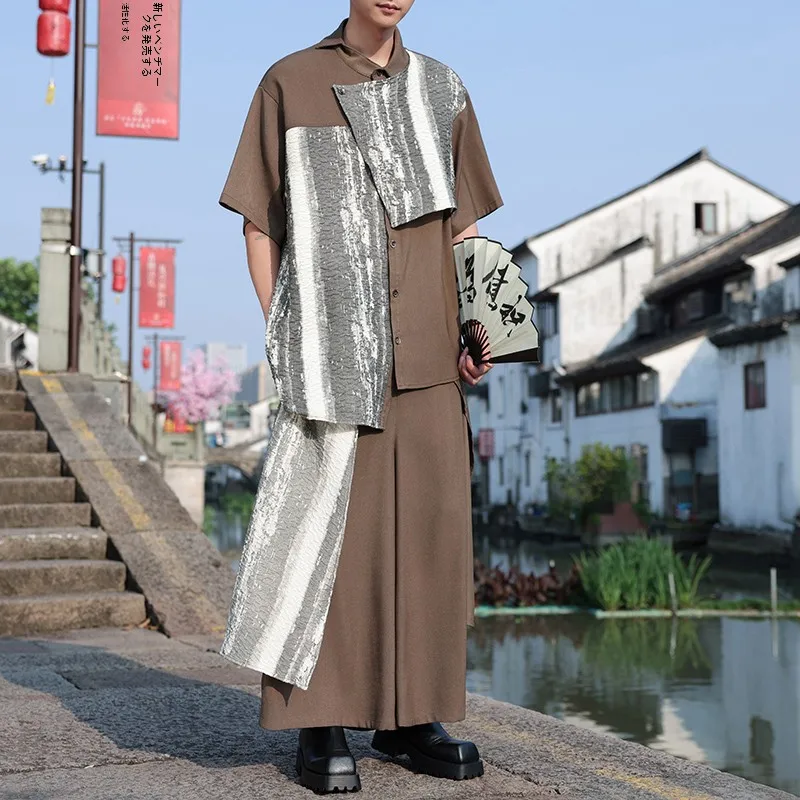 不規則デザインの短袖シャツ：古着男子スタイルに合う新中式のルーズフィットアイテム