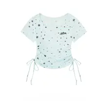 星柄ストライプのカジュアルショートTシャツ【ウエストシェイプ・夏用】