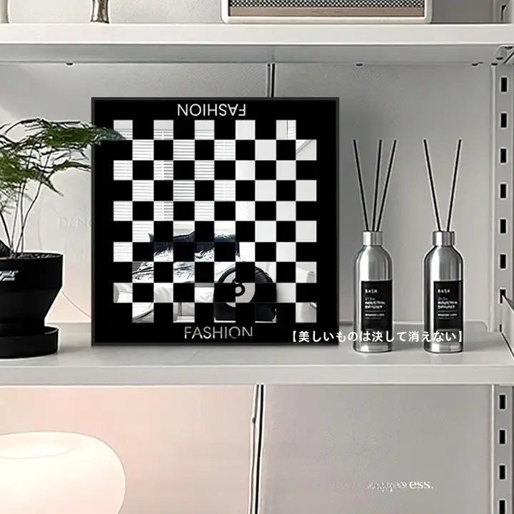 モダンなモノクロチェックミラーアートパネル【リビング・寝室用・おしゃれなインテリア】