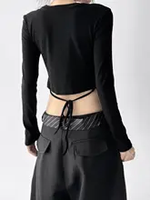 デザイン性のある短款長袖Tシャツ【女性用・フィット・結び帯付き】