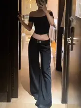ブラック ルーズフィット ワイドレッグ レディーススーツパンツ【低腰・微フレア・デザイン】（セットアップ対応）