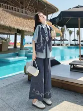 文芸的なデザインの夏用三点セット【格子柄・ジレ・半袖シャツ・ワイドパンツ】（セットアップ対応）