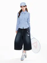 レトロ風 デザイン感のあるワイドレッグ七分丈パンツ【女性用・ゆったり・シンプル】