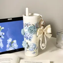 陶器製フラワーデザインの保温カップ【高容量・ストロー付き・女性向け】
