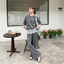 カジュアルスポーツグレー裏毛スウェットとレースフリルワイドパンツ【春秋向け・女性用】（セットアップ対応）
