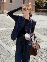 ブルーデニムベストとストレートワイドパンツ【春季用・女性・高級感・トレンド】（セットアップ対応）