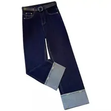 ハイウエストのスリムストレートデニムパンツ【九分丈・女性用・小柄向け・ストレッチ素材】（セットアップ対応）