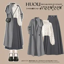 学院風グレー春ワンピース【スプリングコーデ・長袖・Aライン】（セットアップ対応）