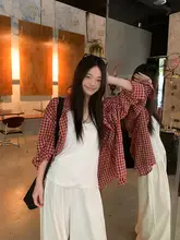フィット赤いチェック柄UVカットシャツ【女性用・春夏・ルーズシルエット】