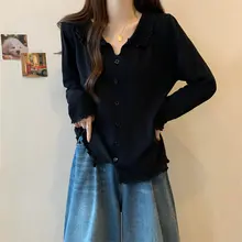 春秋向けの不規則Vネック長袖ニットトップス【レディース・木耳デザイン・ゆったりタイプ】