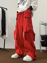 メンズ春用カジュアルワークパンツ【多ポケット・ウエスト紐・ワイドレッグ・ストレート】