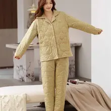 女性用冬季薄手保温パジャマコート【三層構造・純綿】（セットアップ対応）