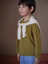 春秋用 子供向けグリーン長袖T シャツ【伸縮性のあるニット・クルーネック】