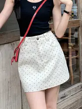 杏色ドット柄デニムハイウエストスカート【Aライン・タイトフィット・春用】（セットアップ対応）