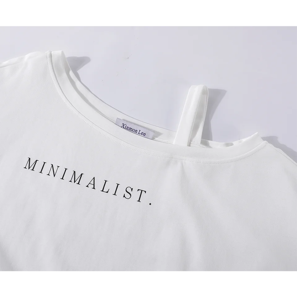 トップス レディース 半袖Tシャツ キャミソール アシンメトリー ワンショルダー ショート丈 シンプル きれいめ 上品 甘辛MIX カジュアル 韓流 着痩せ 「XinmonLee」