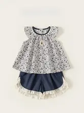 2点セット キッズ 女の子 花柄 パフスリーブ ブラウス フリルショートパンツ カジュアル 夏